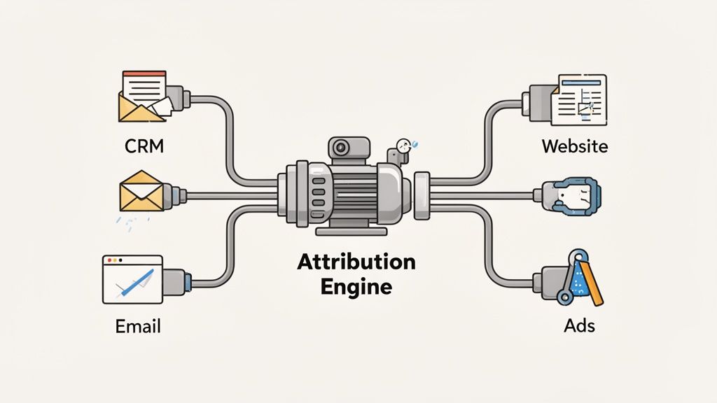 Diagram illustrating an attribution engine integrating data from CRM, email, website, and ads.