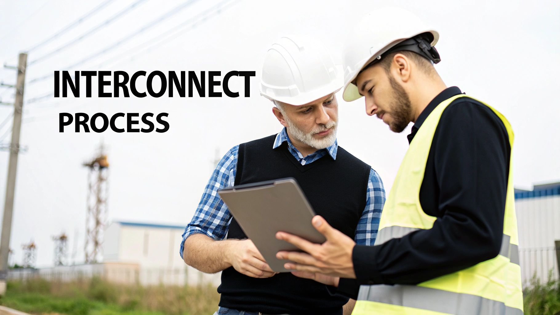 Two engineers in hard hats and safety gear discuss an interconnect process on a tablet at a worksite.