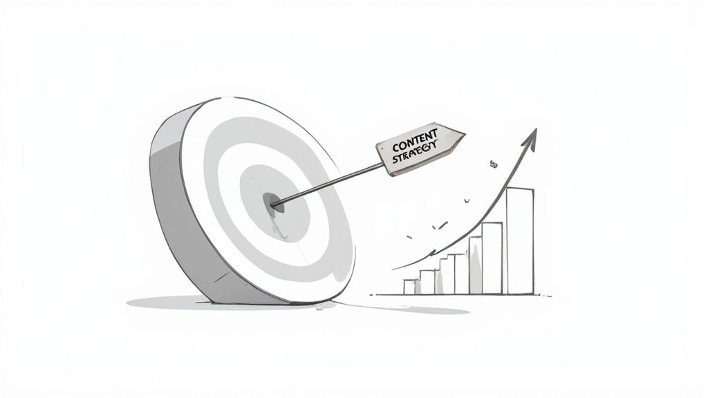 An arrow labeled 'CONTENT STRATEGY' hits a bullseye, with a rising bar chart showing business growth.