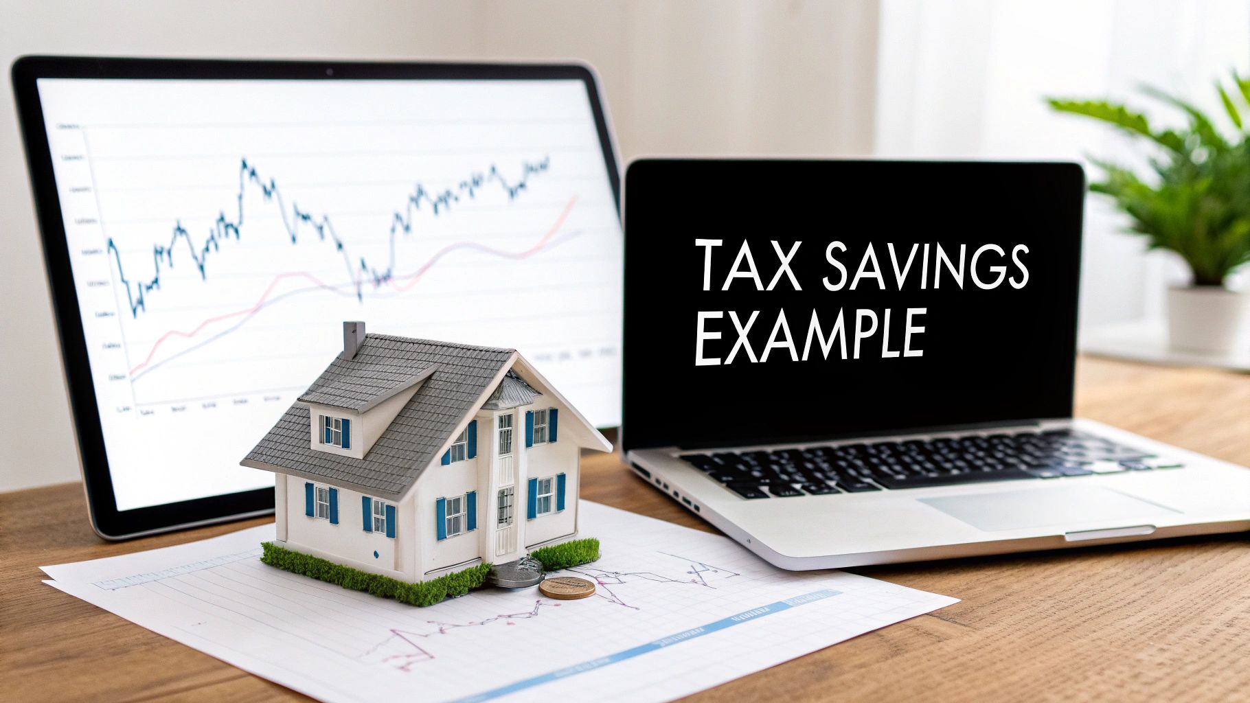 A miniature house, financial charts on a tablet, and a laptop displaying 'TAX SAVINGS EXAMPLE'.