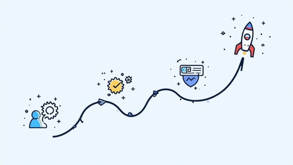 An illustration showing a wavy upward trend line with icons representing process, completion, security, and rocket launch.