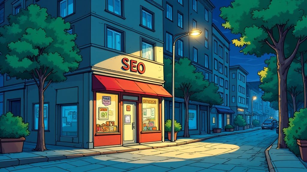 A digital marketing agency's core services represented as interconnected gears, including SEO, PPC, Content, and Social Media.