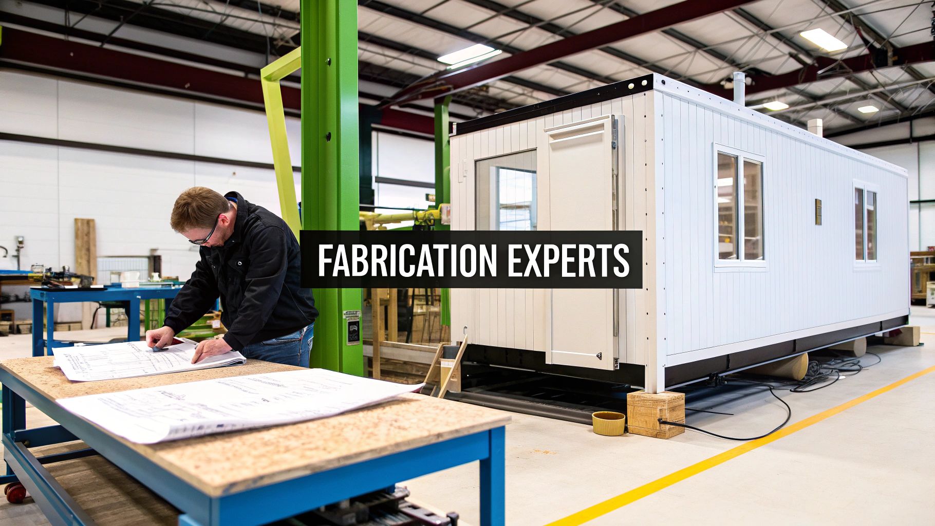 A man reviews blueprints at a workbench next to a modular building in a fabrication workshop.