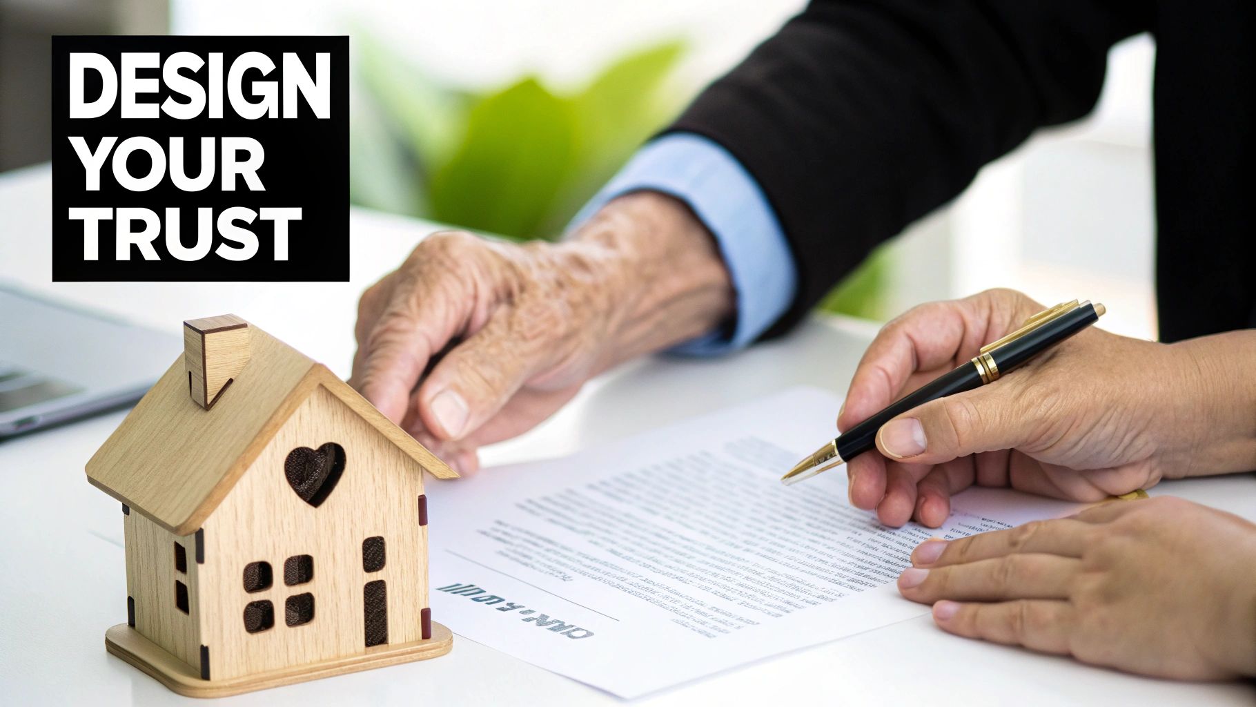 Hands signing a legal document next to a small wooden house model, with text 'DESIGN YOUR TRUST'.