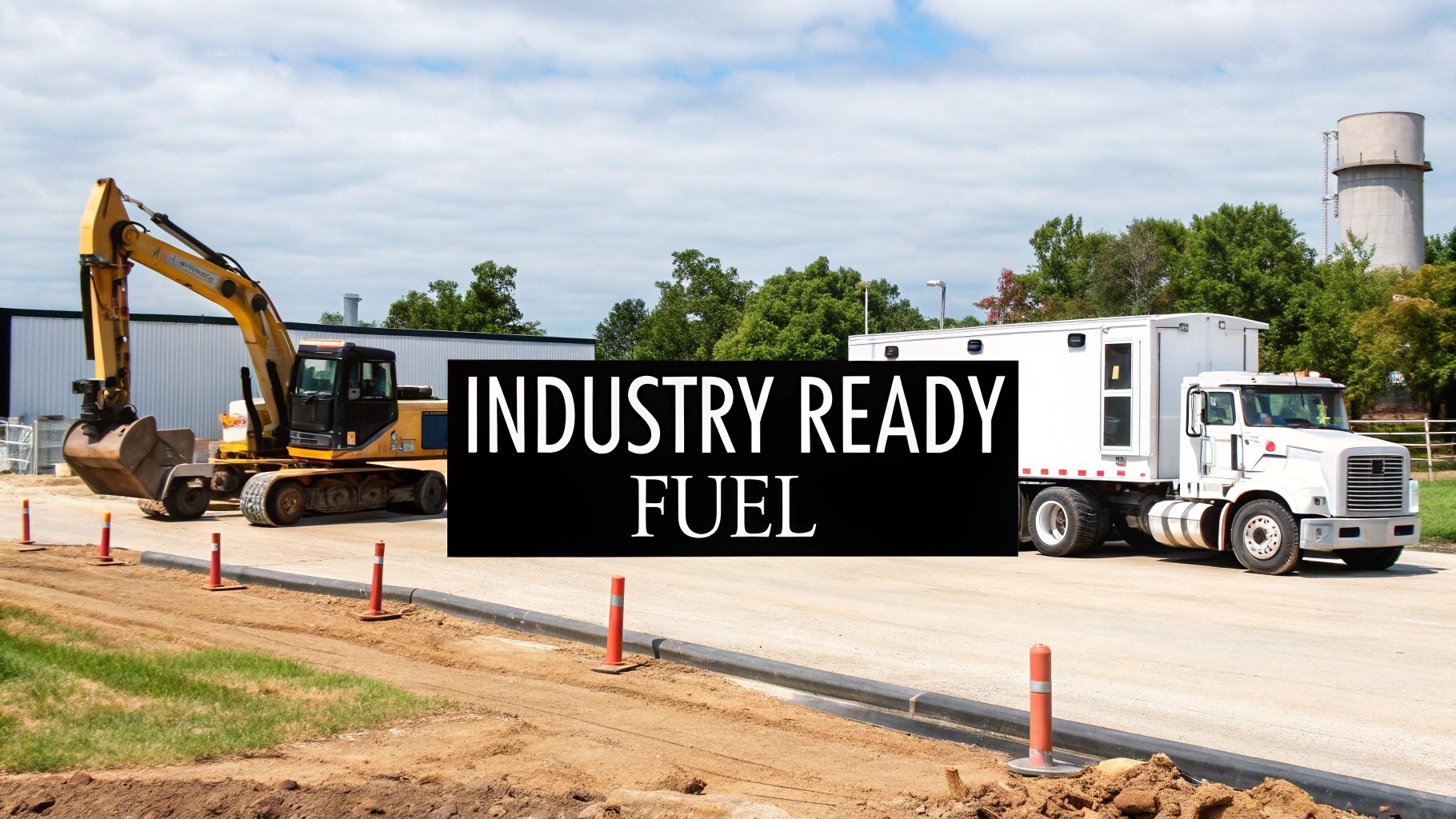 A construction site featuring an excavator and a truck, with the overlay text 'INDUSTRY READY FUEL'.