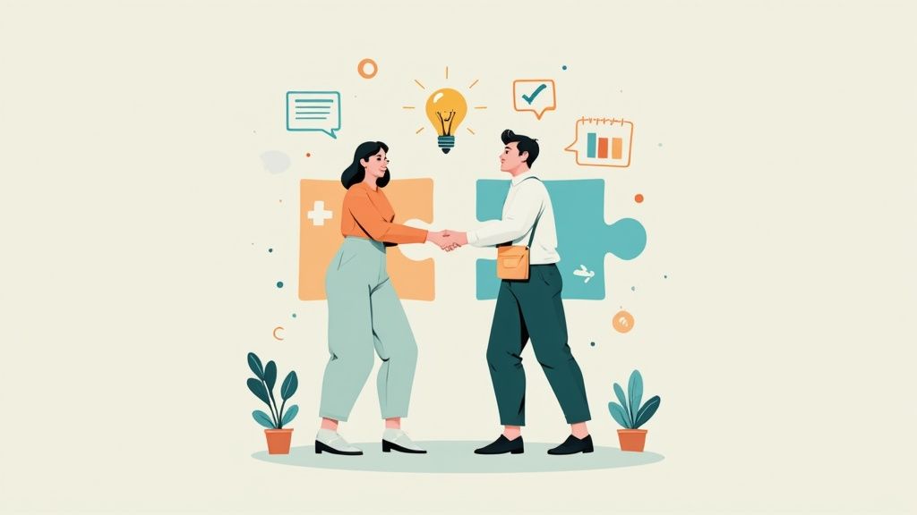 Two professionals shaking hands across a desk, sealing a successful partnership.