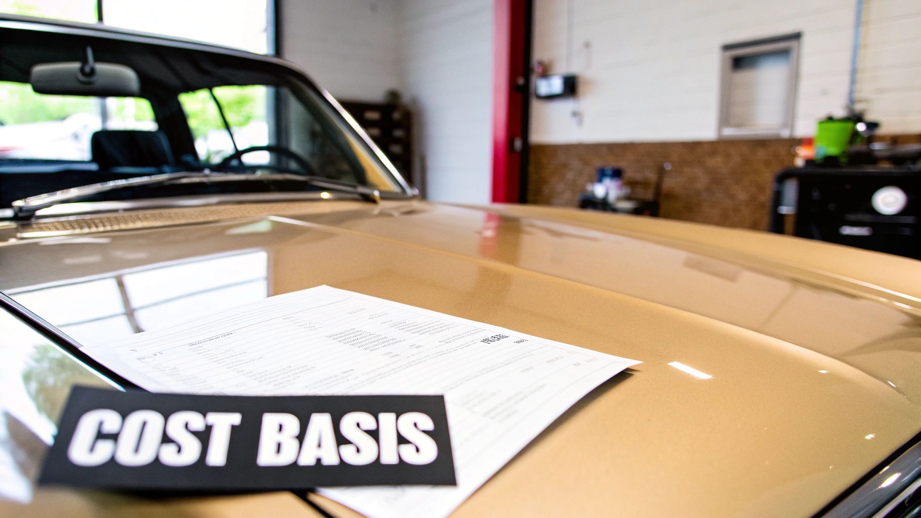 A white document with 'COST BASIS' prominently displayed on it, resting on the hood of a golden classic car inside a garage.