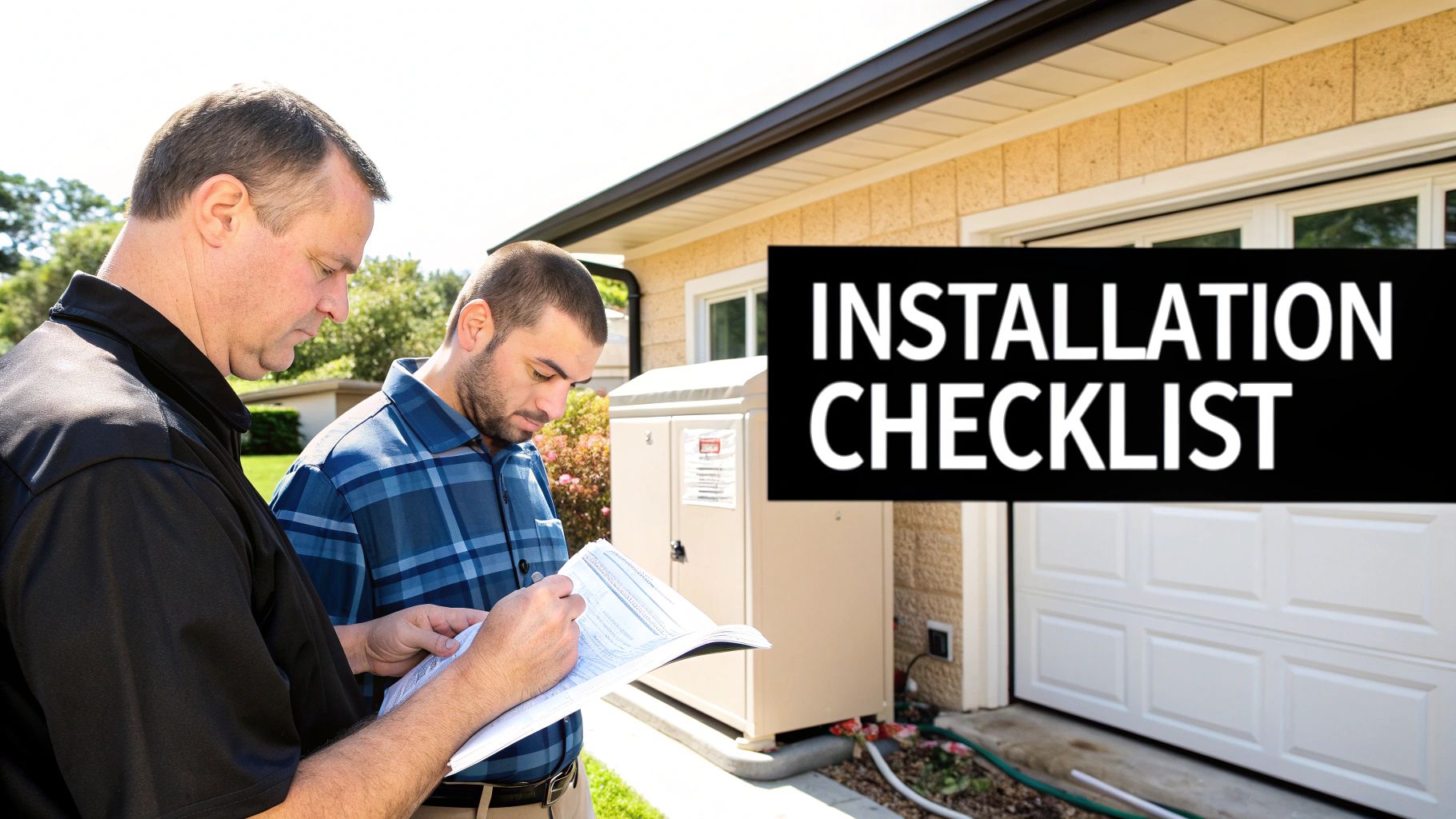 Two technicians review an installation checklist by an outdoor utility box at a house.