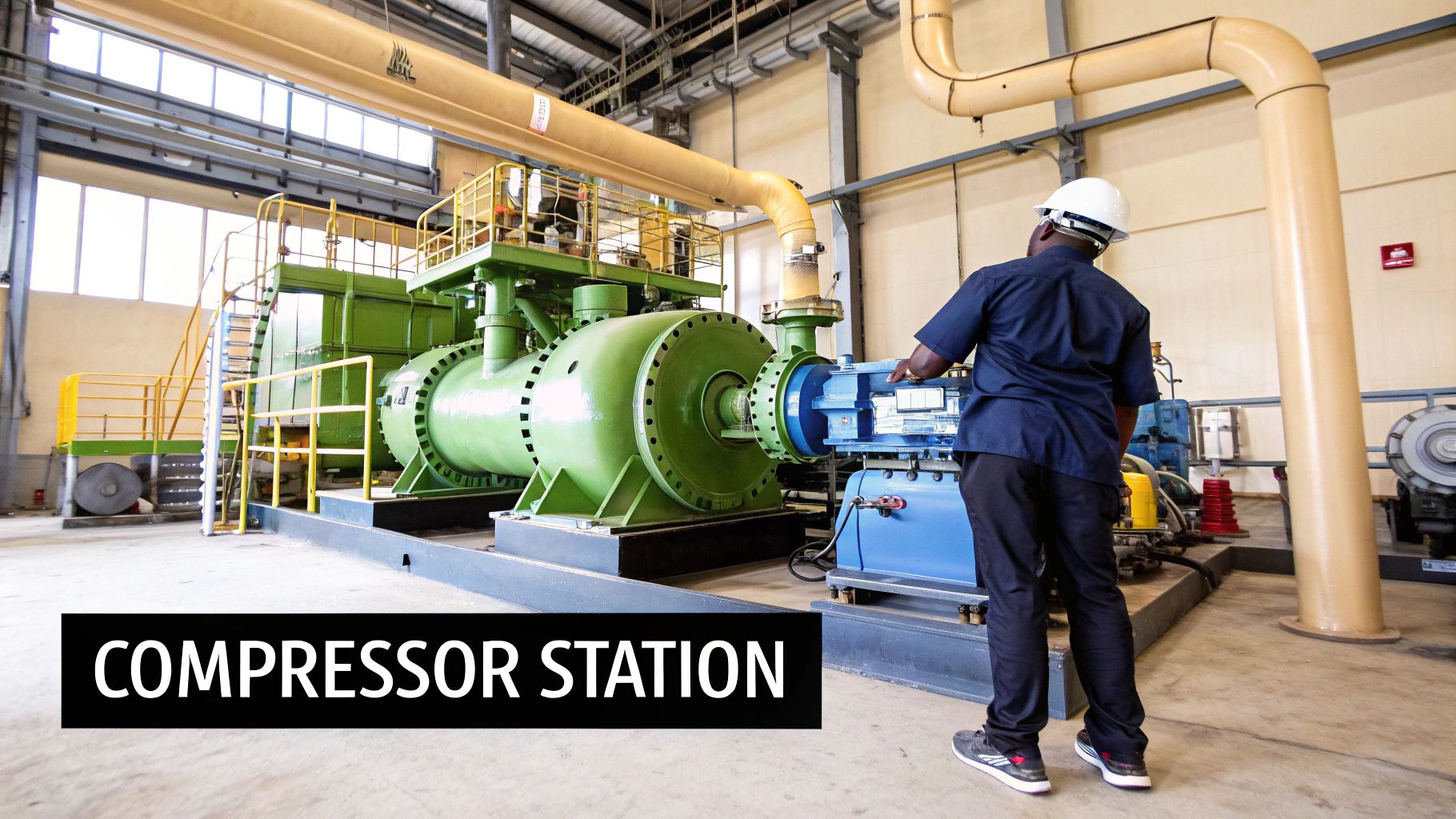 A natural gas compressor station with intricate piping and machinery under a clear sky