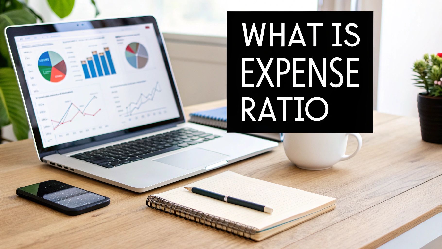A workspace featuring a laptop displaying financial charts and graphs, a smartphone, notebook, and a coffee cup, with text 'WHAT IS EXPENSE RATIO'.