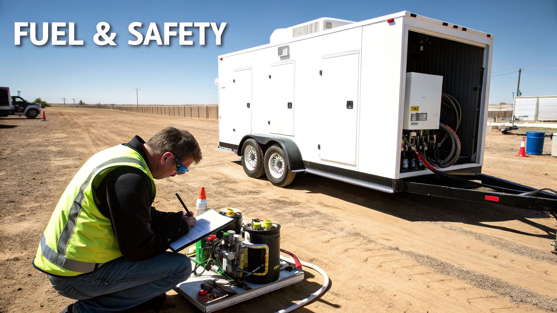 A technician in a safety vest checks fuel equipment next to a mobile power generator.