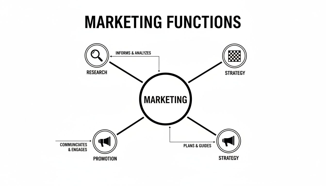 Diagram illustrating key marketing functions: research, strategy, and promotion, connected to a central marketing hub.