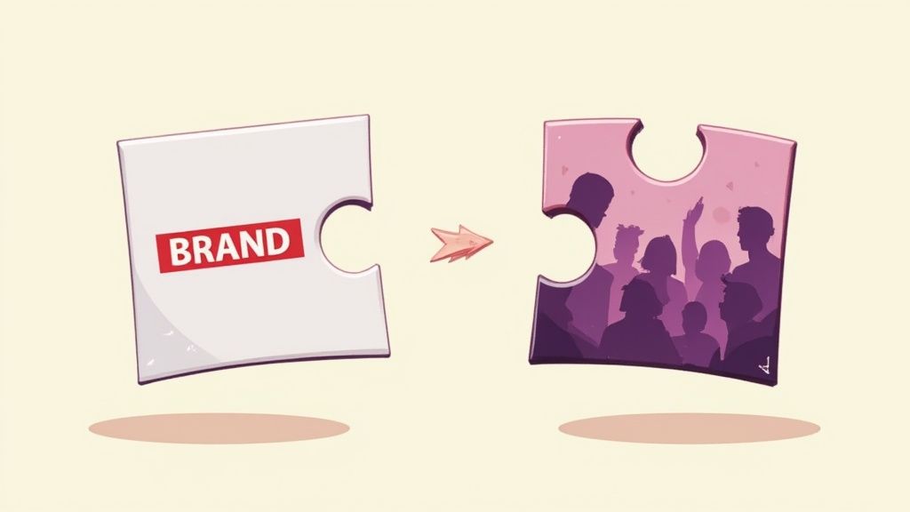 An illustration showing a 'BRAND' puzzle piece connecting to a diverse group of people, symbolizing engagement. It represents avoiding the influencer marketing mistake of poor alignment.