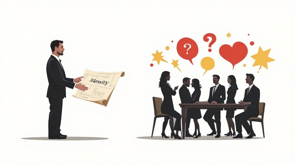 A man shows a blueprint labeled "Identity" to a team actively discussing with question and heart bubbles.