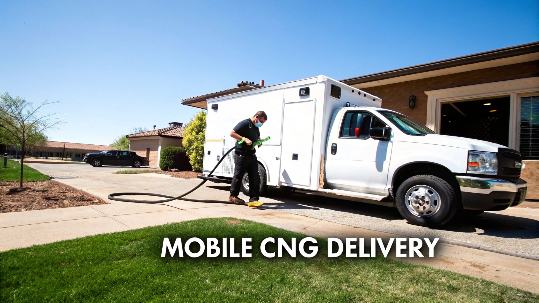 A masked worker fuels a white truck with a hose, illustrating mobile CNG delivery in a residential area.