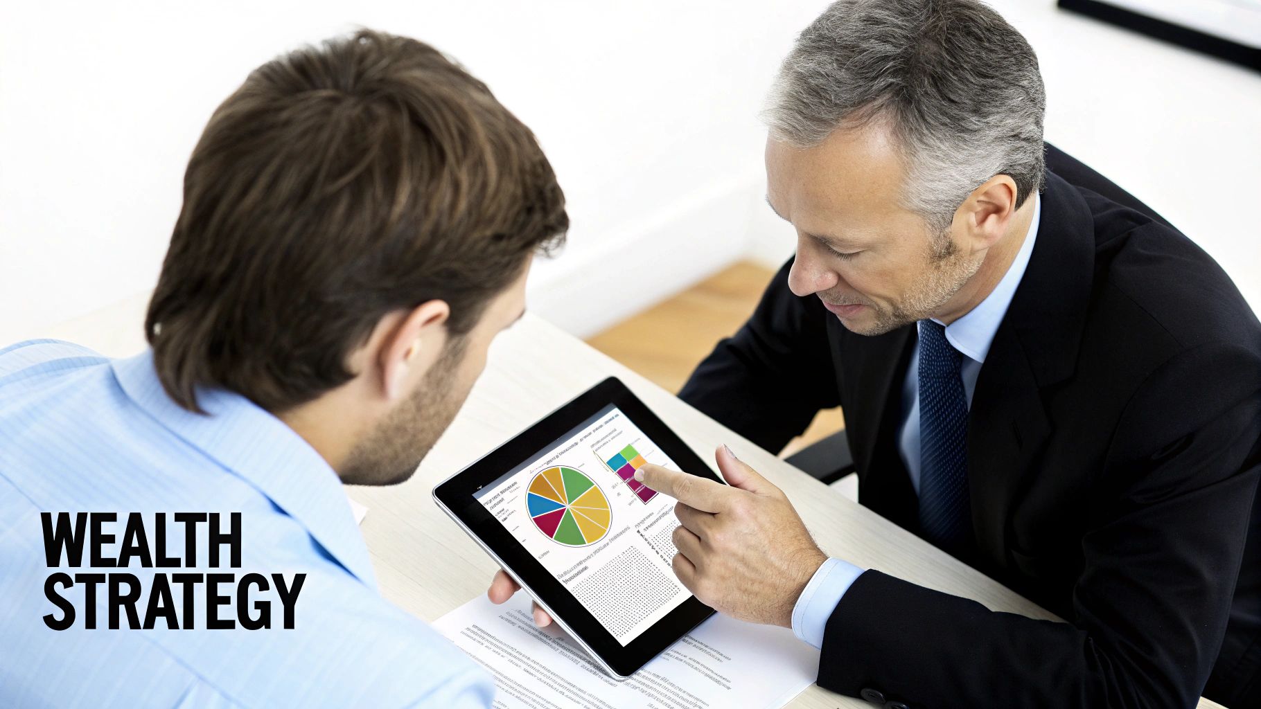 Two men discussing financial data and wealth strategy on a digital tablet in an office setting.