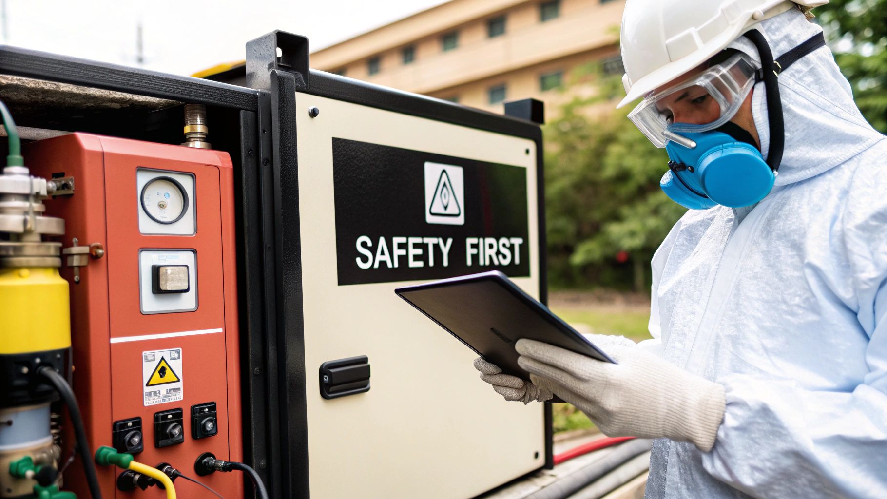 Safety technician in full PPE checks industrial equipment with a digital tablet, next to a 'SAFETY FIRST' sign.