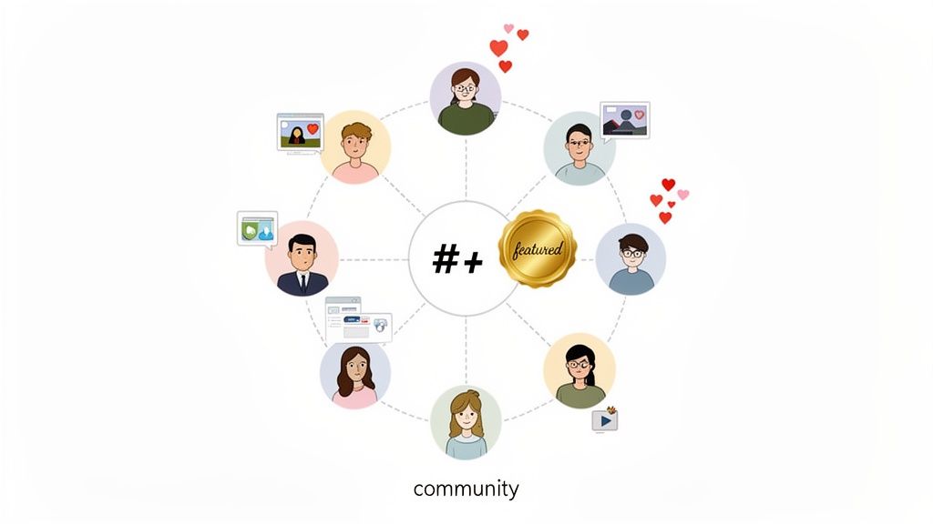 Illustration of diverse community members interacting with a central online platform featuring content.