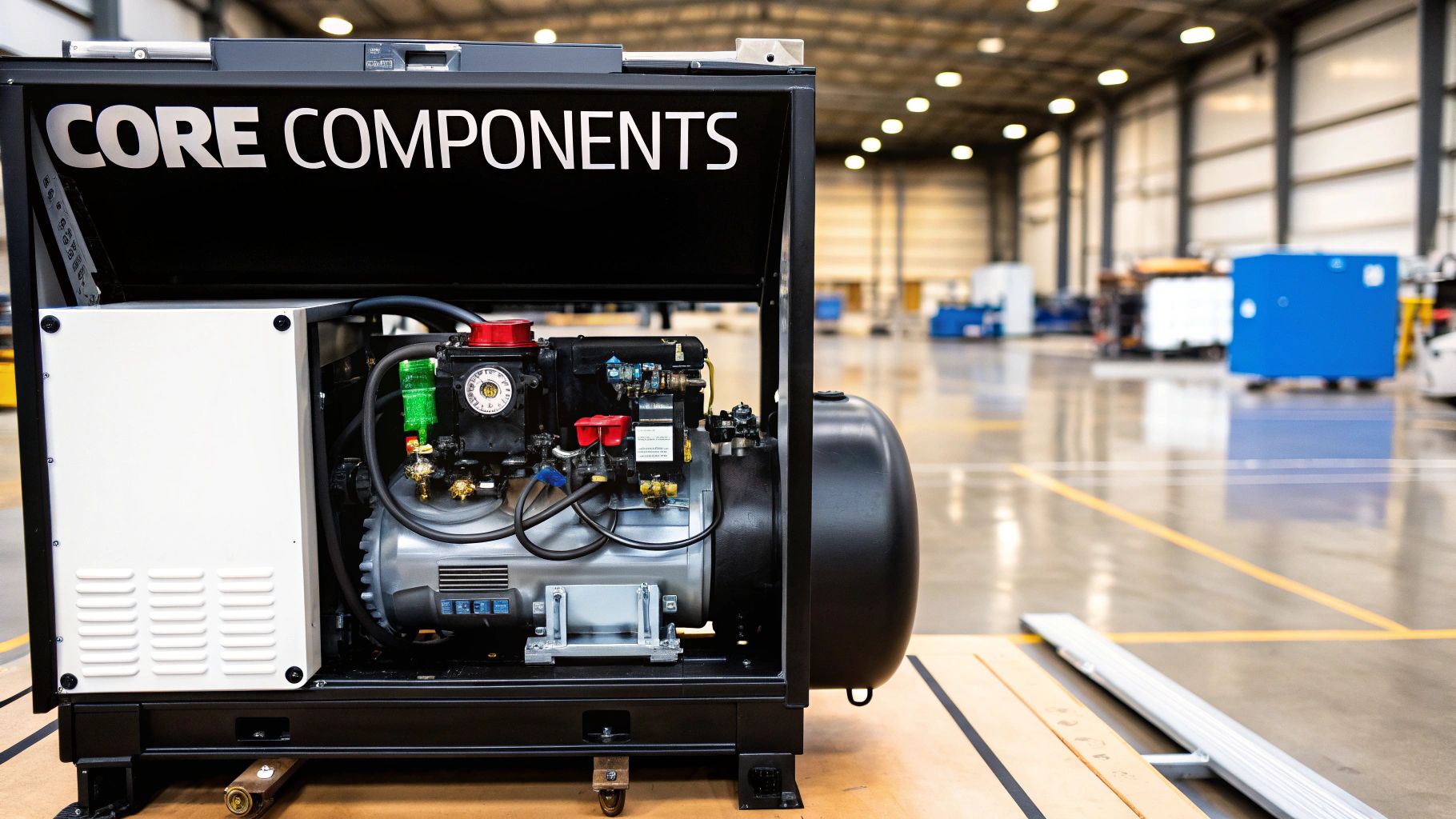 A detailed view of a gas compression package, highlighting its core components under industrial lighting.