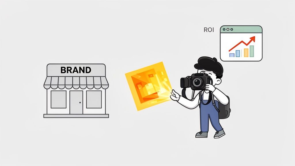 A creator photographs content for a brand, symbolizing increased return on investment and growth.
