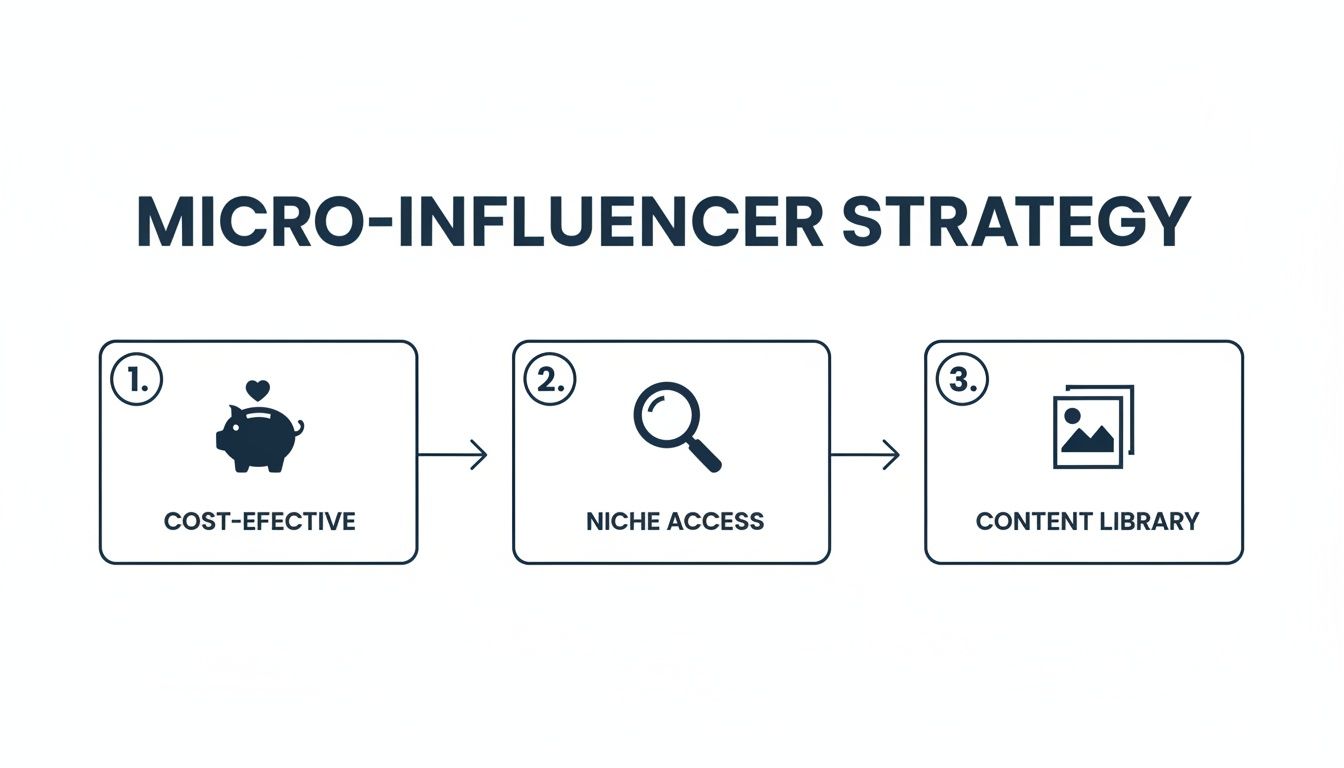 A micro-influencer strategy diagram showing cost-effectiveness, niche access, and UGC benefits after defining what is a micro-influencer.