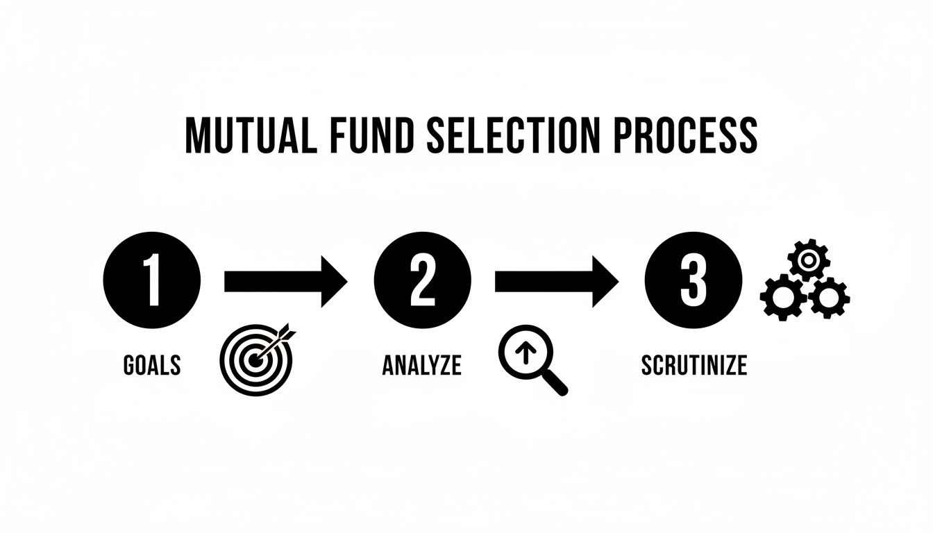 A diagram illustrating the three-step mutual fund selection process: Goals, Analyze, and Scrutinize.