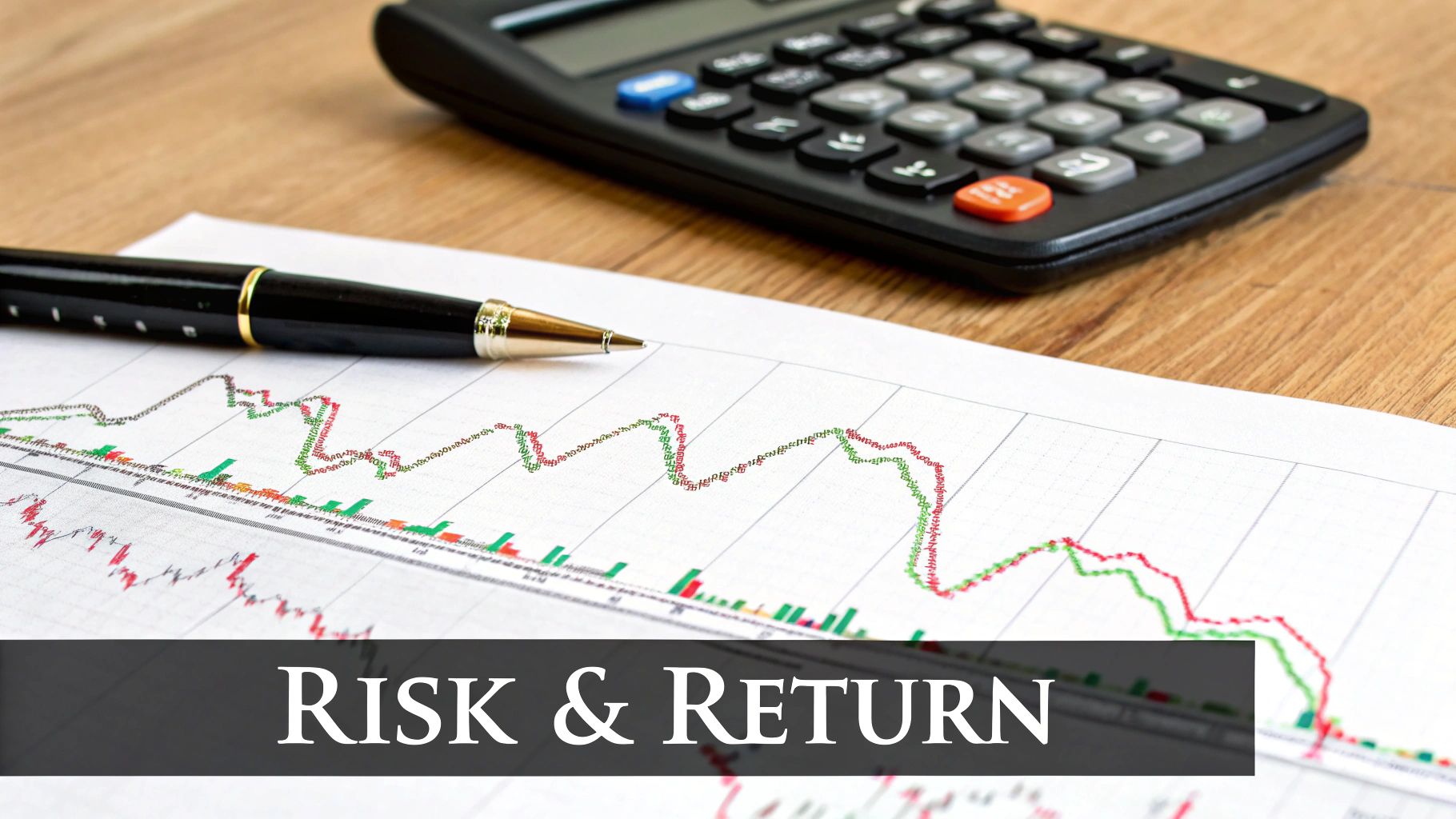 Financial charts with calculator and pen showing risk and return analysis for investment decisions