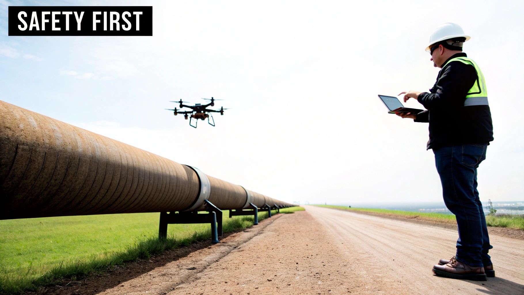 A safety inspector wearing a hard hat examines a section of natural gas pipeline infrastructure