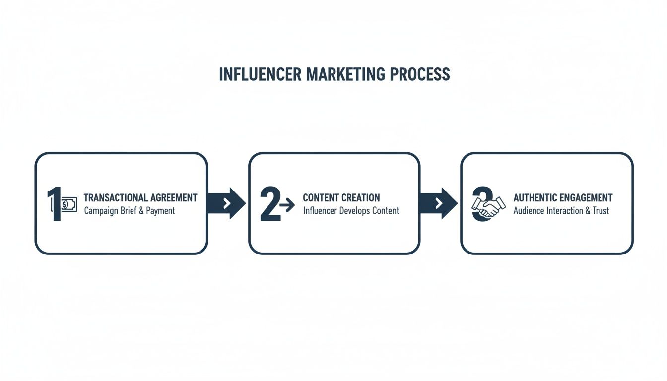 Diagram illustrating the three-step influencer marketing process: transactional agreement, content creation, and authentic engagement.