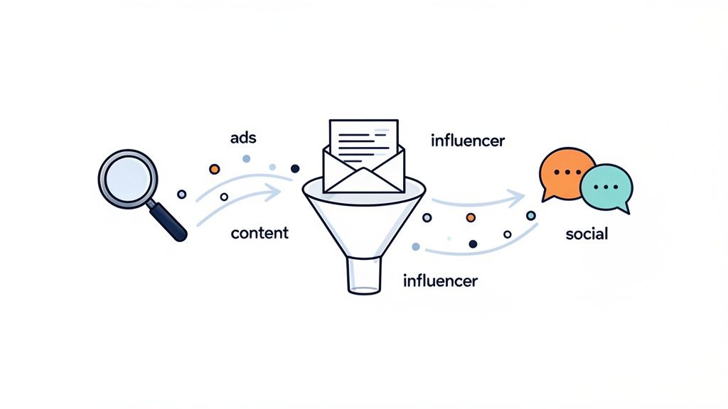 Diagram showing a marketing funnel from discovery to social engagement, including ads, content, email, and influencers.