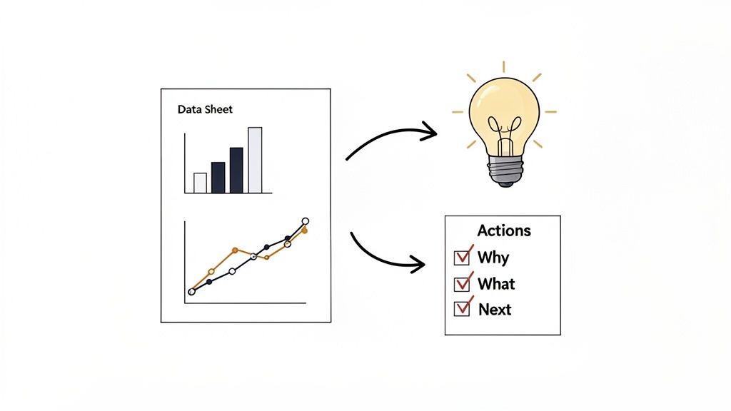 Data sheet with bar and line charts transforming into an illuminated idea and checked actions: Why, What, Next.