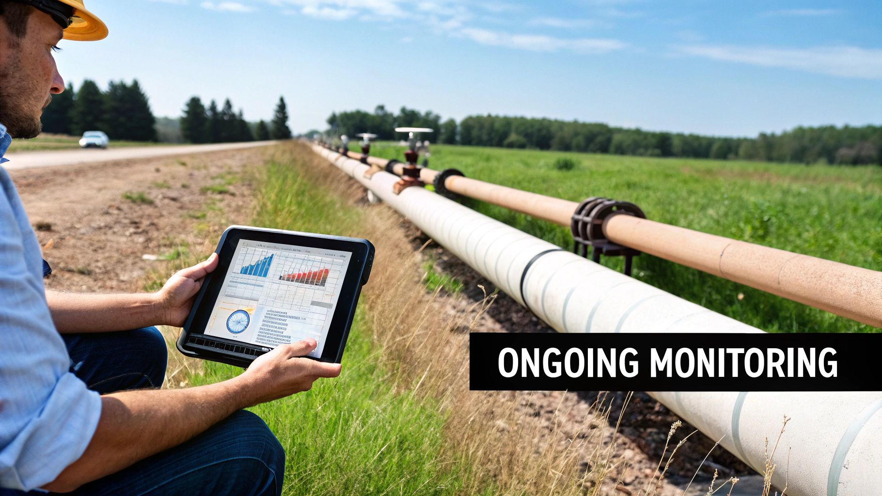An engineer in a hard hat monitors data on a tablet next to pipelines in a grassy field, indicating ongoing inspection.