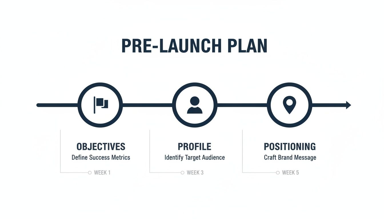 Infographic illustrating a three-step pre-launch plan for product success: objectives, profile, and positioning.