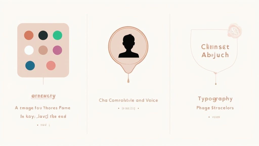 Three illustrated cards showing personal branding elements: color palette, profile silhouette, and typography design examples