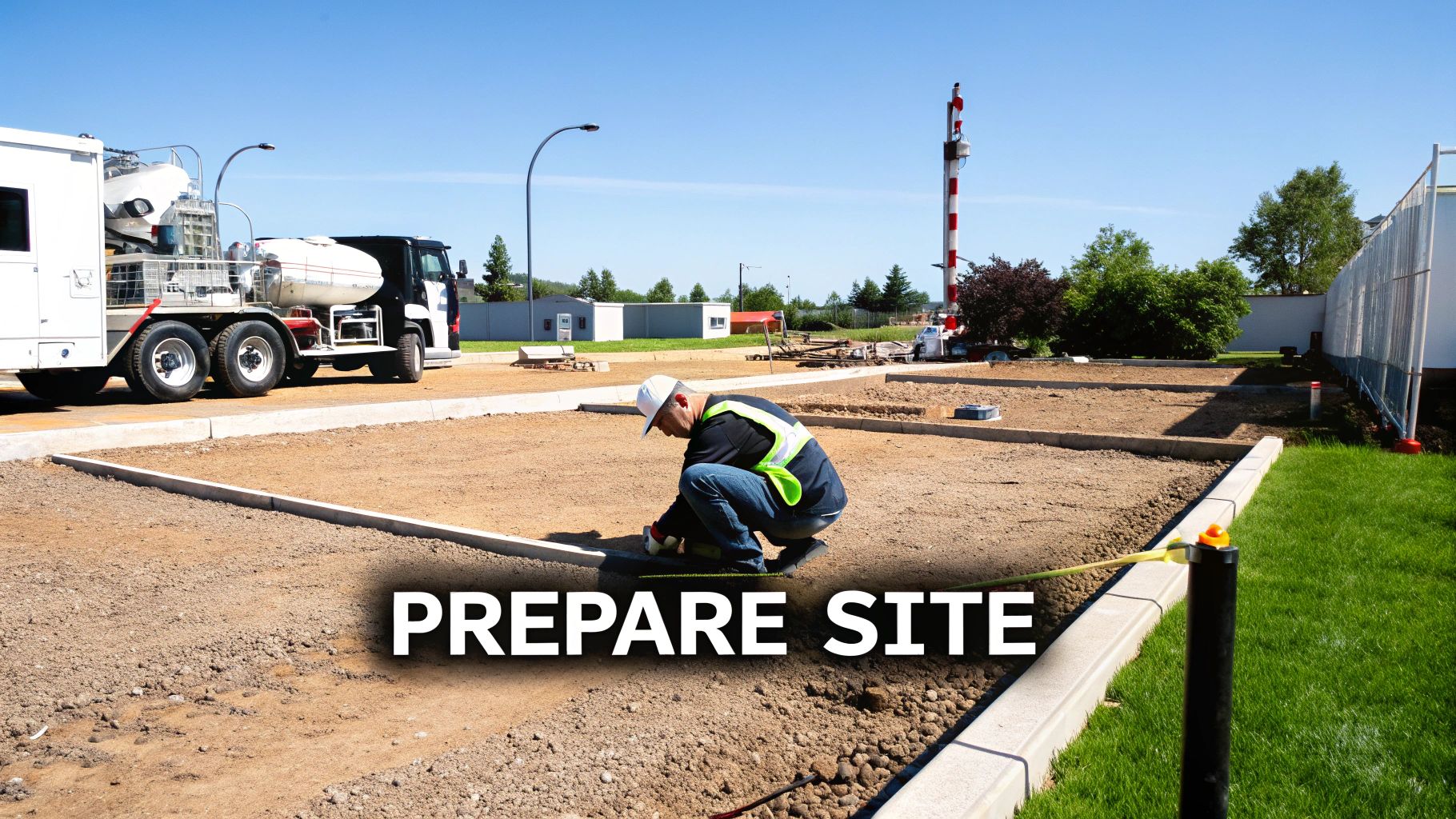 A construction worker in a safety vest and hard hat prepares a site with new curbs and leveled earth.