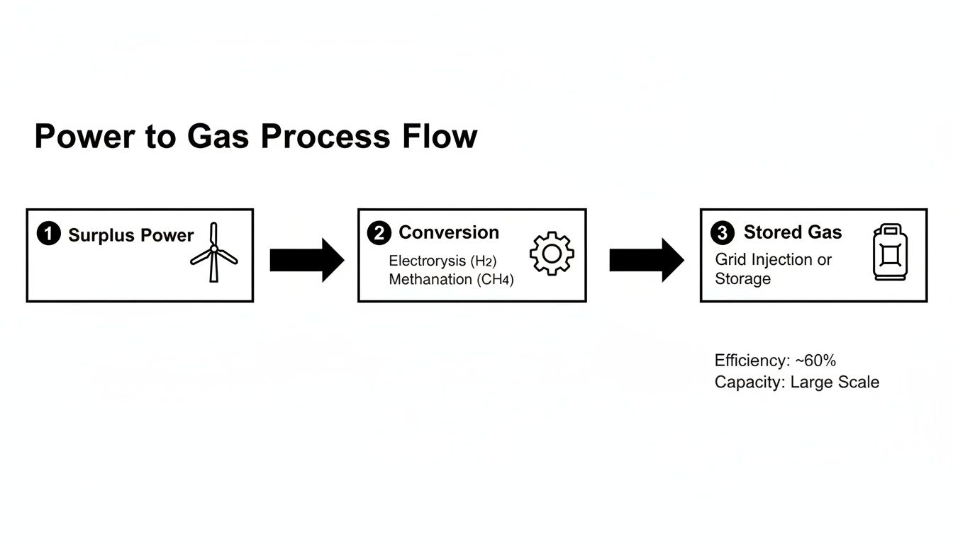 A power-to-gas process flow diagram shows surplus power converted to stored gas via electrolysis and methanation.