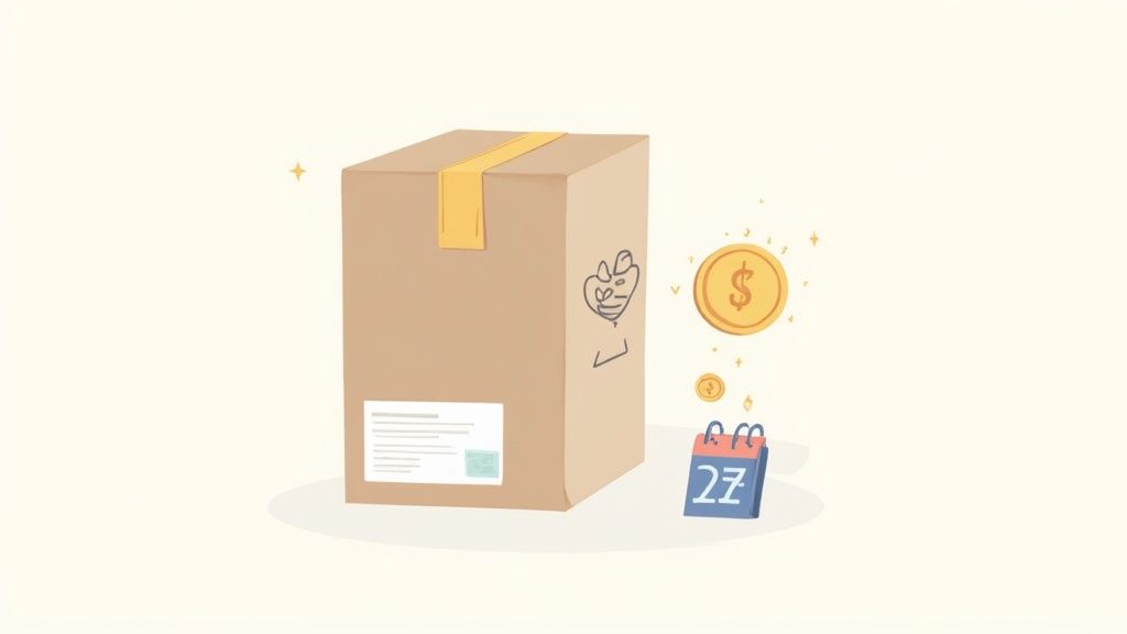 A shipping box with coins and a calendar, symbolizing the payment and delivery logistics of influencer marketing for Etsy sellers.