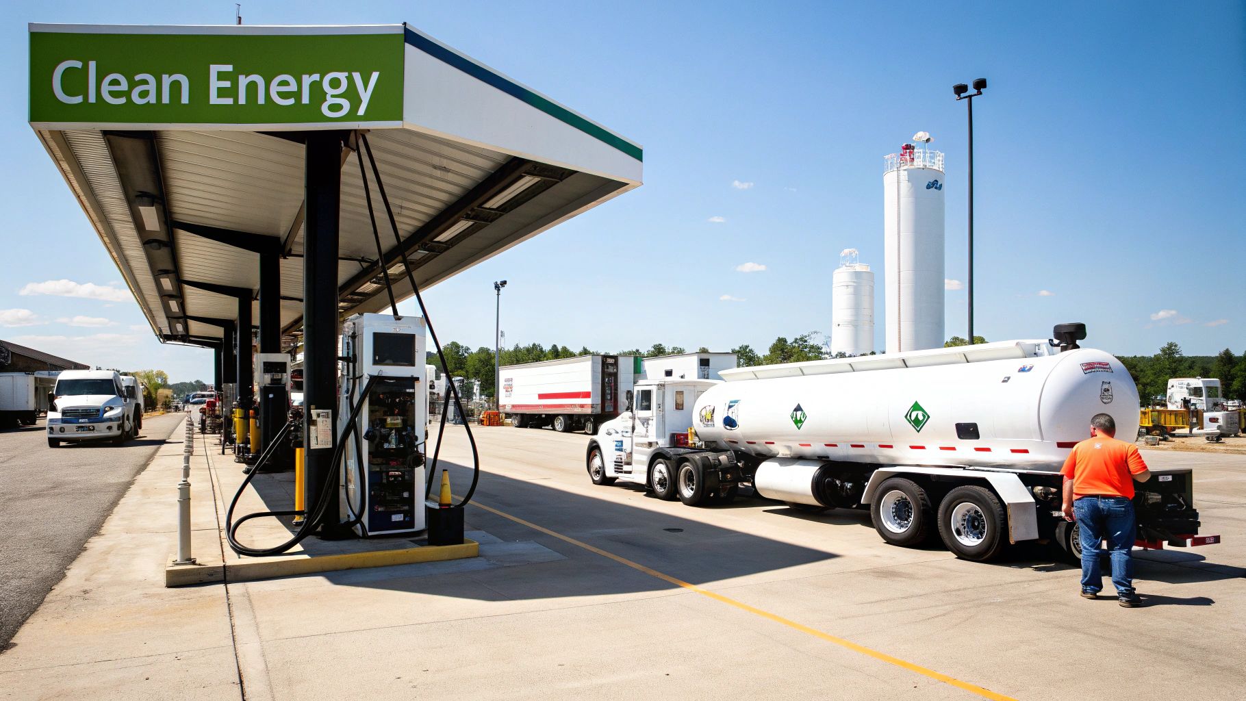 A mobile natural gas fueling station refueling a large commercial truck.