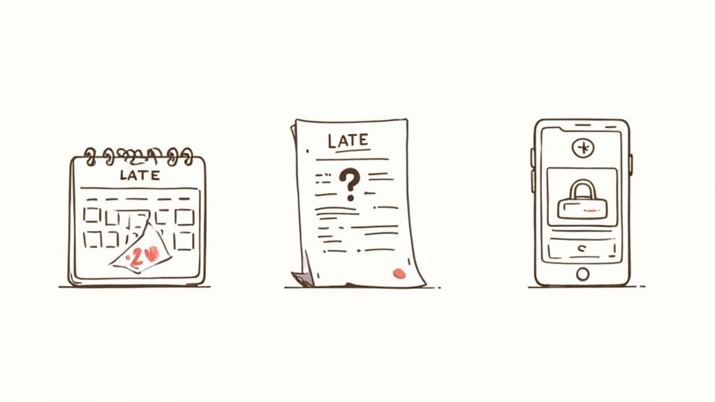An illustration of a locked phone and late payment notices highlights the problems an influencer payment automation tool solves.