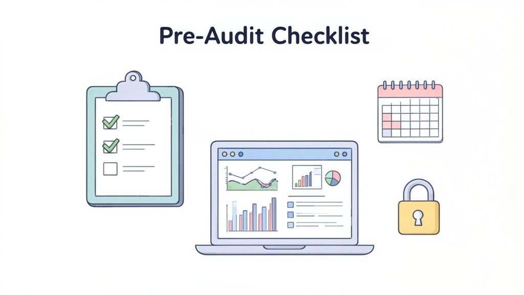 Illustration of a pre-audit checklist, laptop with data, calendar, and padlock, representing audit preparation.