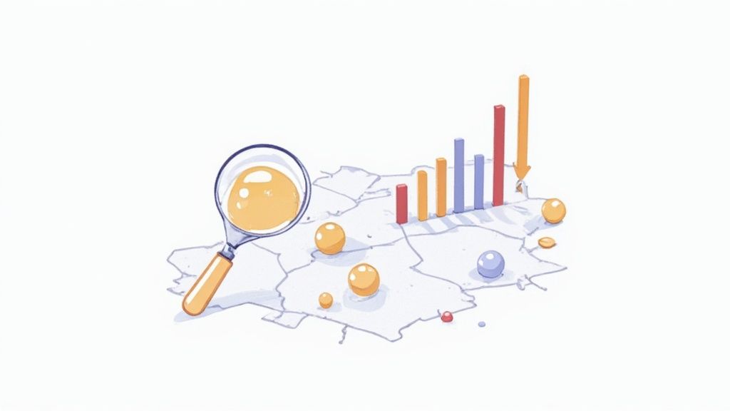 An illustration of market analysis with a magnifying glass, a map, bar graphs, and data points.