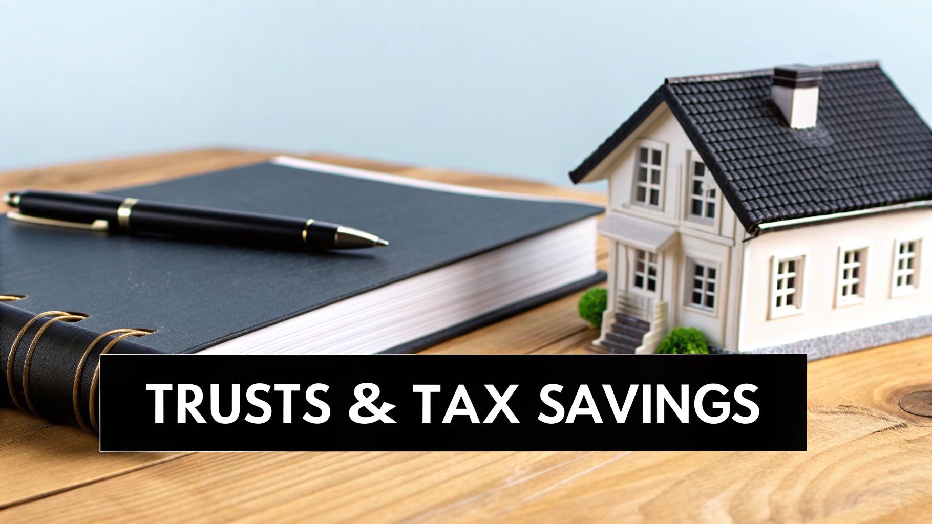A miniature house, notebook, and pen with 'TRUSTS & TAX SAVINGS' text on a wooden table.