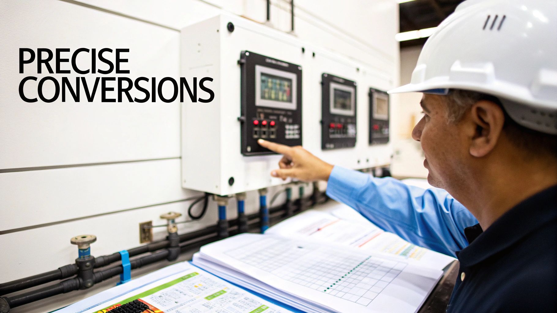 An engineer monitors a control panel in an industrial facility, with 'PRECISE CONVERSIONS' text.