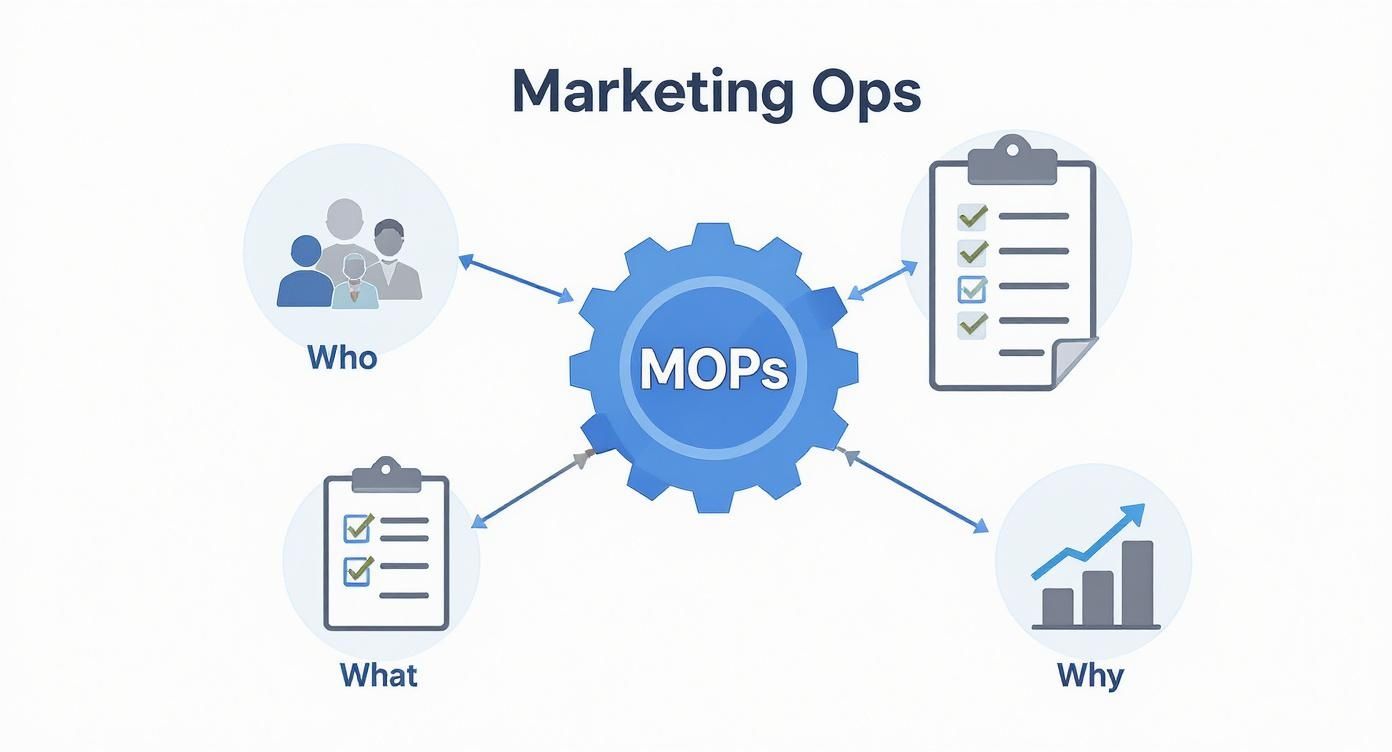 Marketing Ops diagram showing MOPs central gear connected to Who, What, Why elements with checklists and growth chart