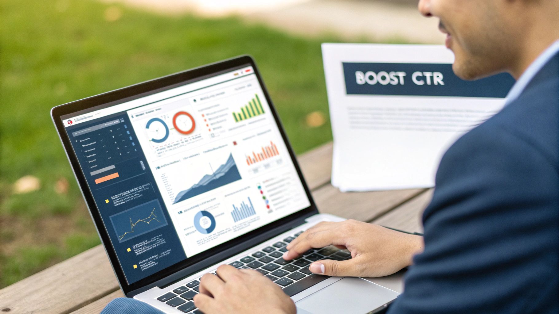 A person pointing at a graph showing an upward trend in click-through rates.