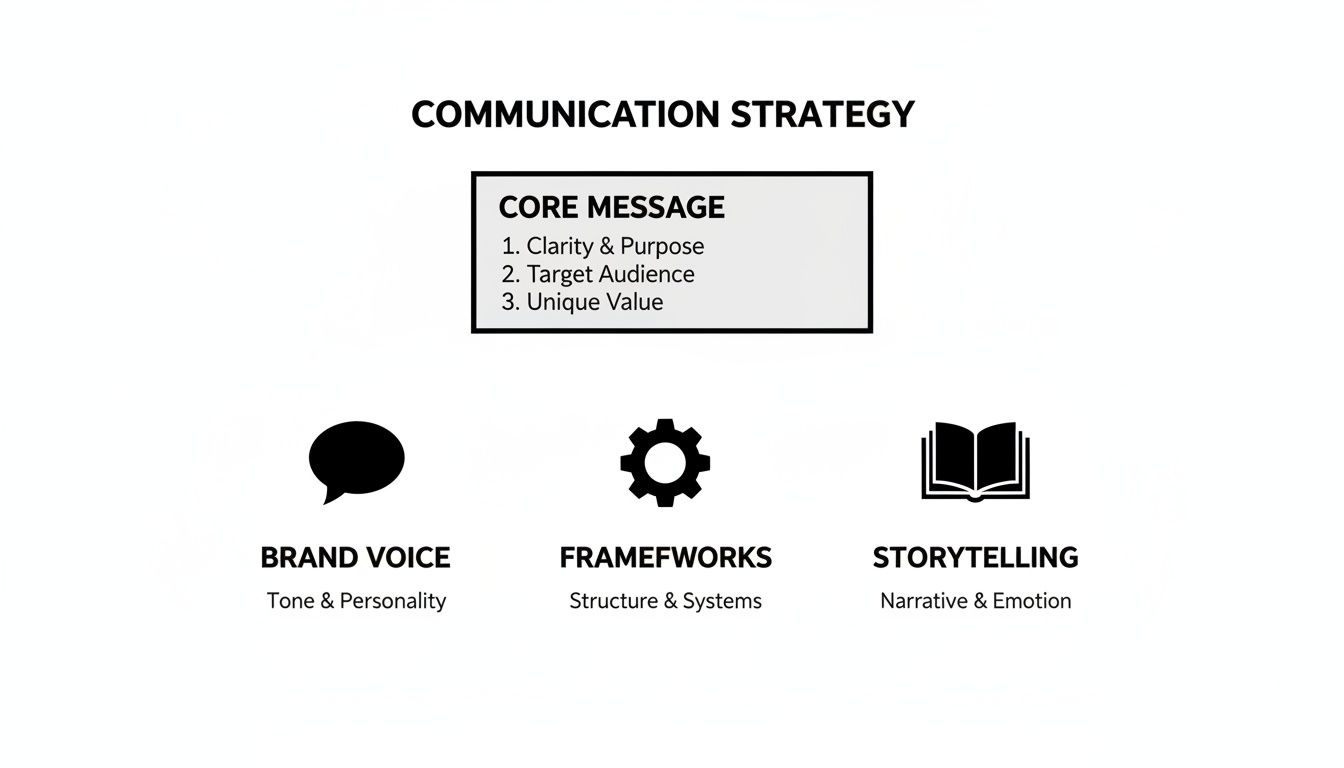 Diagram detailing a communication strategy with core message, brand voice, frameworks, and storytelling elements.