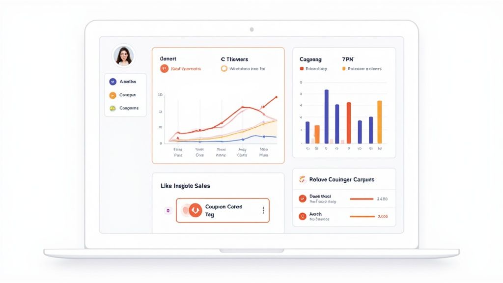 Modern laptop screen displaying a comprehensive marketing and sales analytics dashboard with various charts.