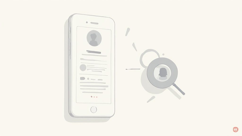An illustration of a smartphone displaying a user profile, with a magnifying glass searching for people.
