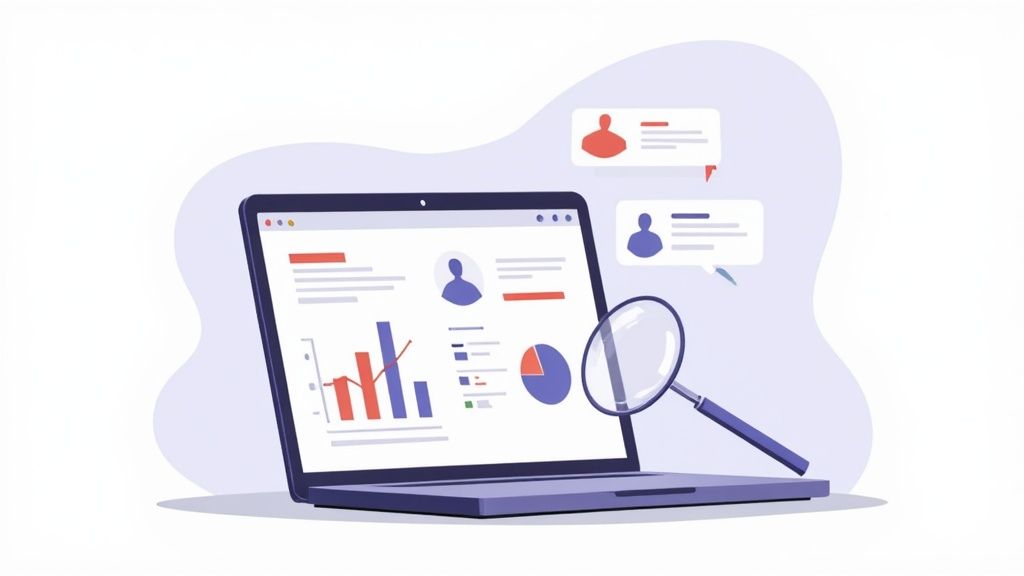 A laptop screen displays data analytics, charts, user profiles, and reports, with a magnifying glass for detailed analysis.