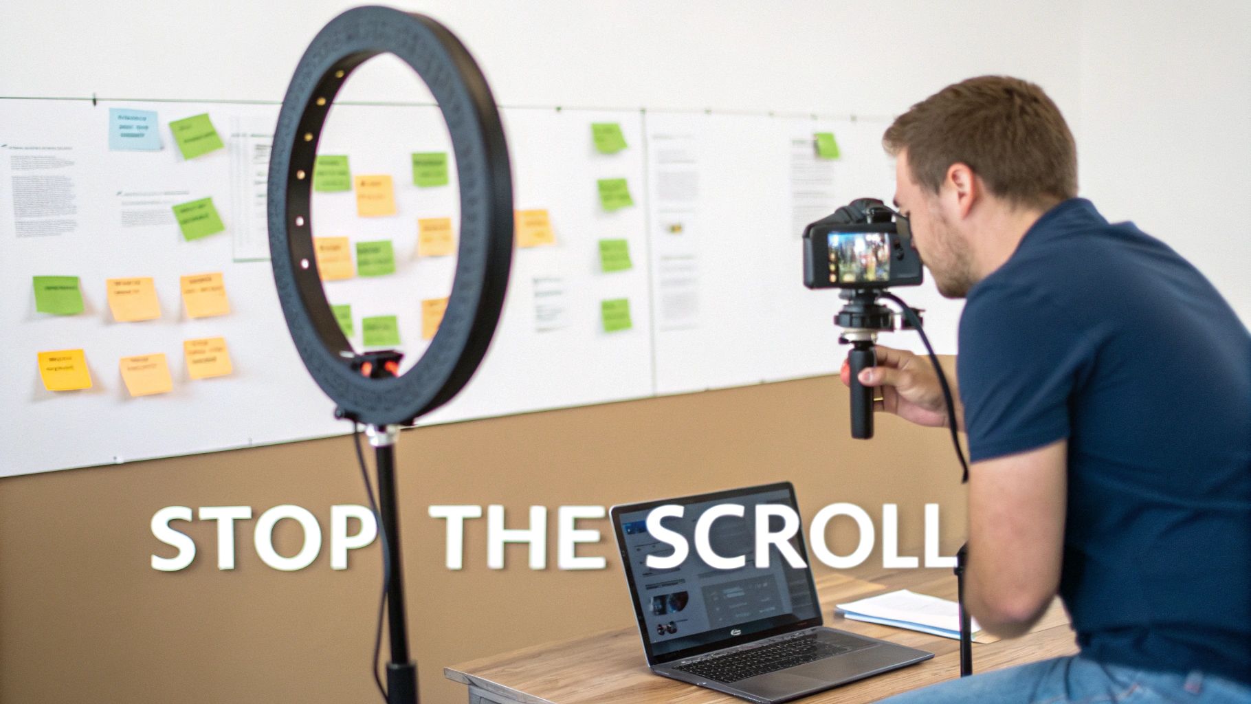 A person filming a TikTok video on their smartphone, using a ring light for better lighting.